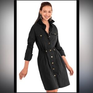 Trench Coat Dress Gretchen Scott Designs Black Gold Button Down Cinched Snap NWT